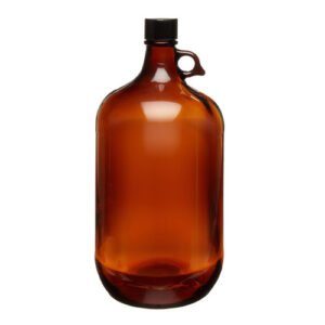 Amber Glass Bottle, 4 Liter with 38-439 Black PTFE Lined Cap, Shoulder Loop